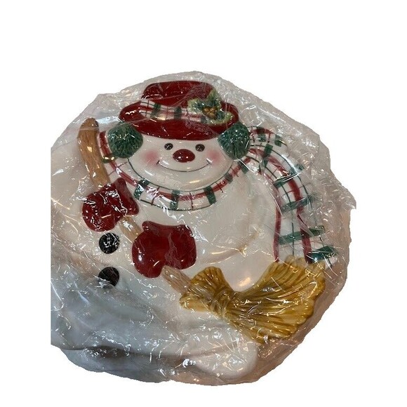 Fitz & Floyd Plaid Snowman Canape Plate Candy Dish Christmas 2063/126 Box - Picture 2 of 5